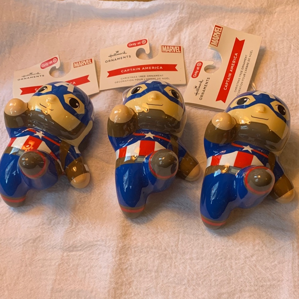 Marvel Captain America Hallmark Christmas Ornament triplets Blue Red & White NEW